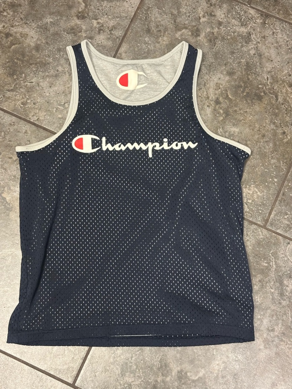 Champion Reversible Tank Top Mens Medium Navy Gray Mesh Basketball Logo Jersey